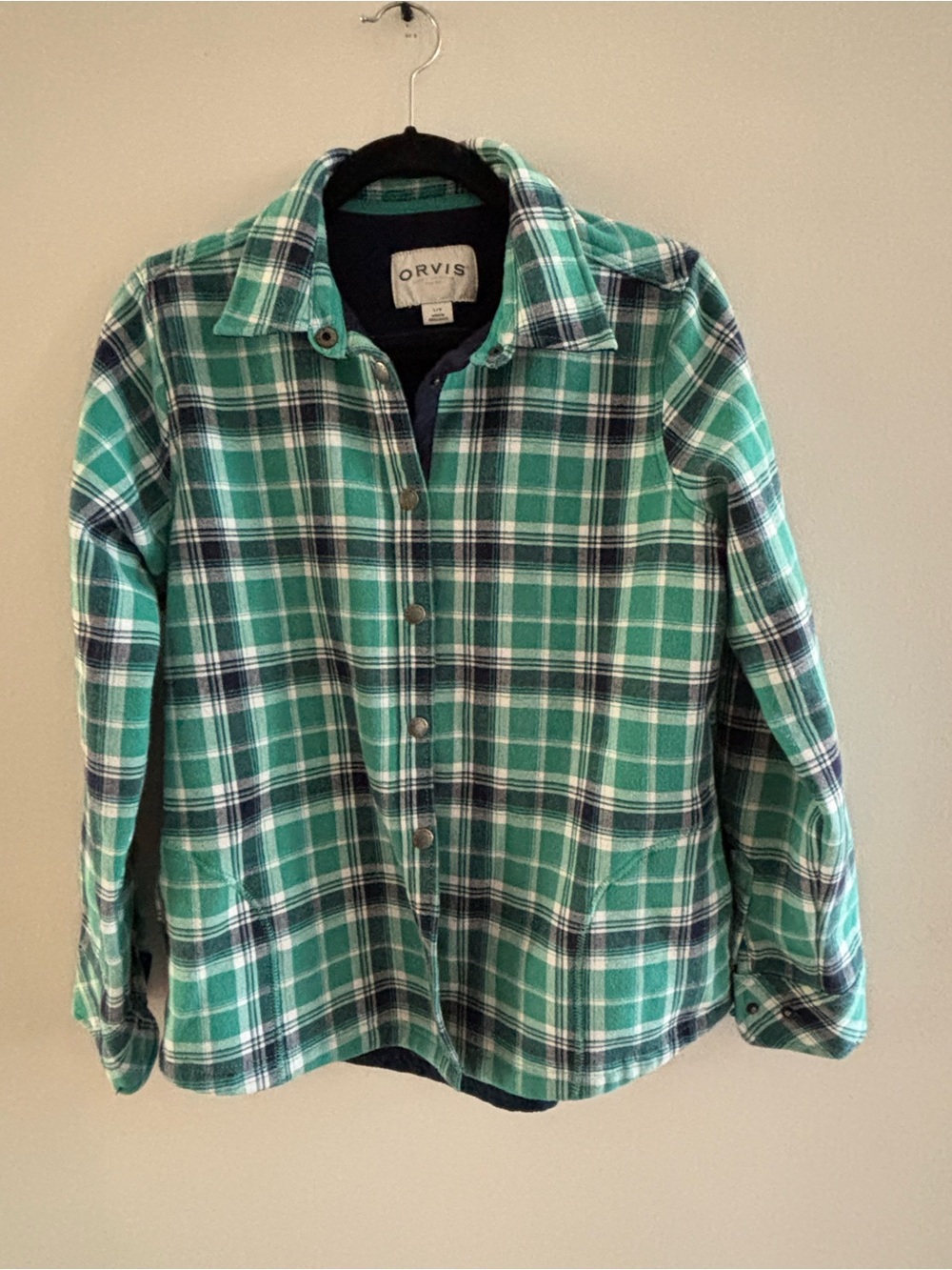 Orvis Navy Teal Plaid-Lined Flannel Fleece Shirt Barn Chore Jacket Size Large